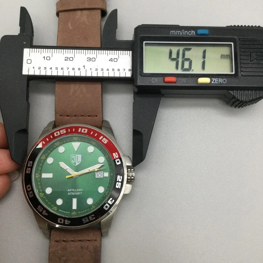 3 Leagues Artillery Mens Watch 46mm Green Dial Coke Bezel Leather Swiss